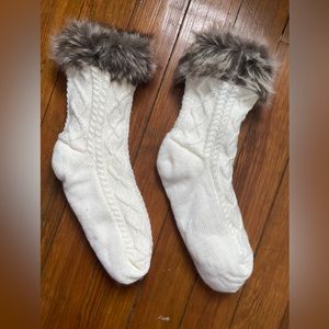 Fluffy socks with faux fur trim
